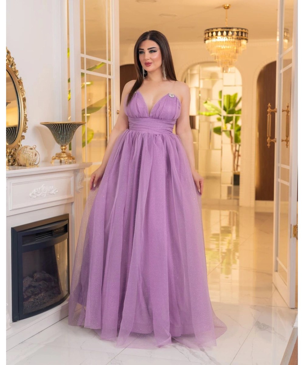 Simli Dalya V Yaka Uzun Prenses Abiye Elbise