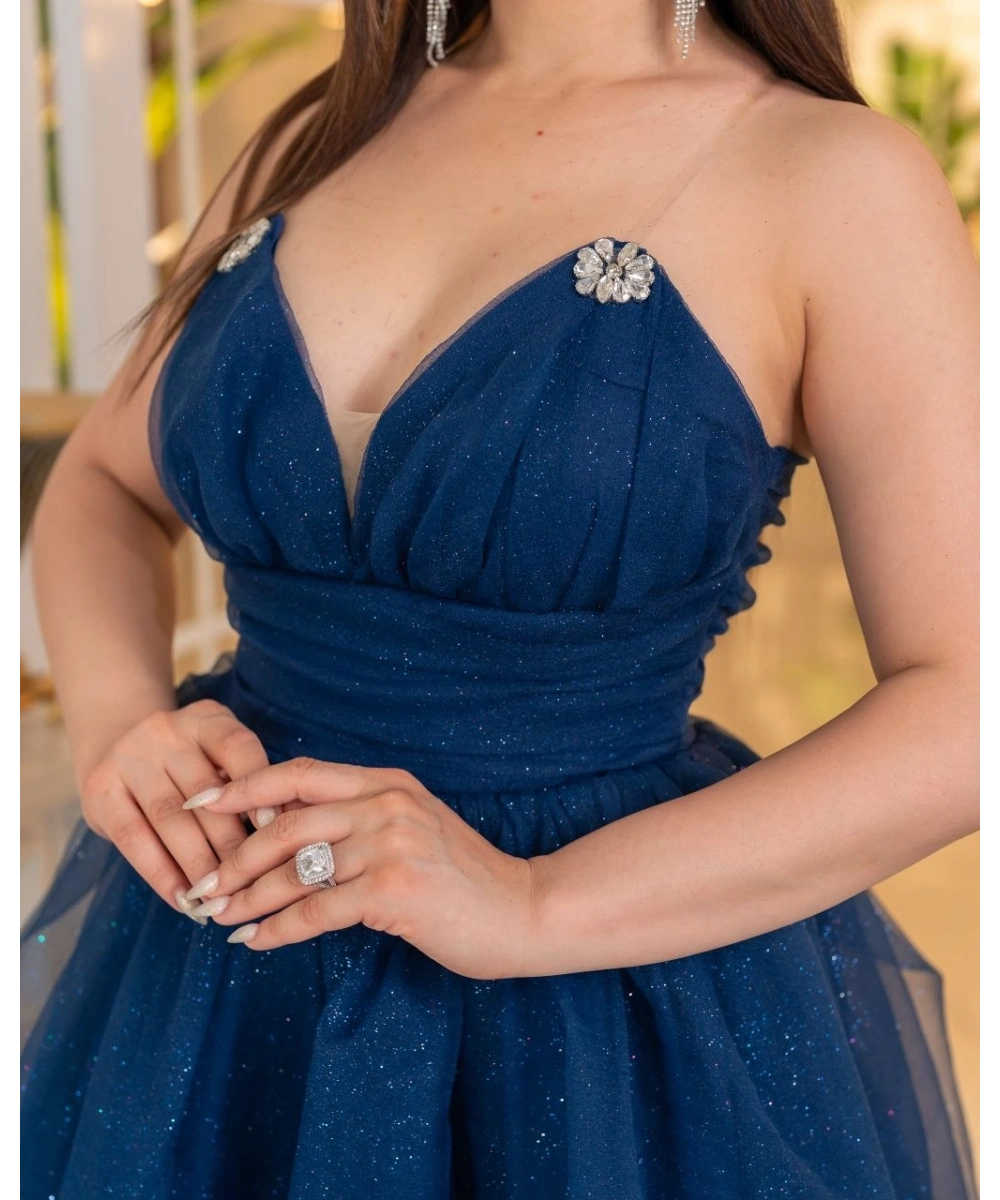 Simli Dalya V Yaka Uzun Prenses Abiye Elbise