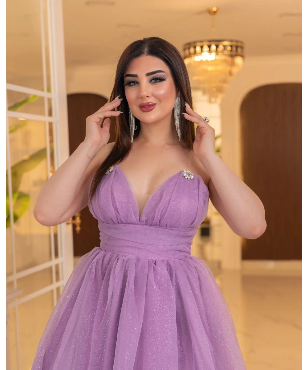 Simli Dalya V Yaka Uzun Prenses Abiye Elbise