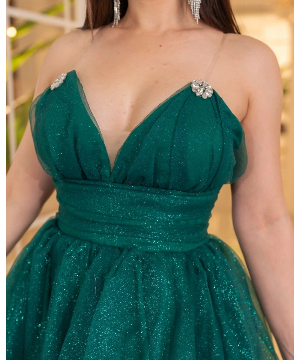 Simli Dalya V Yaka Uzun Prenses Abiye Elbise