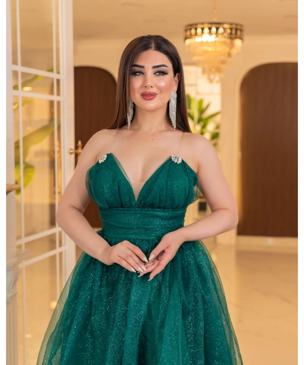 Simli Dalya V Yaka Uzun Prenses Abiye Elbise