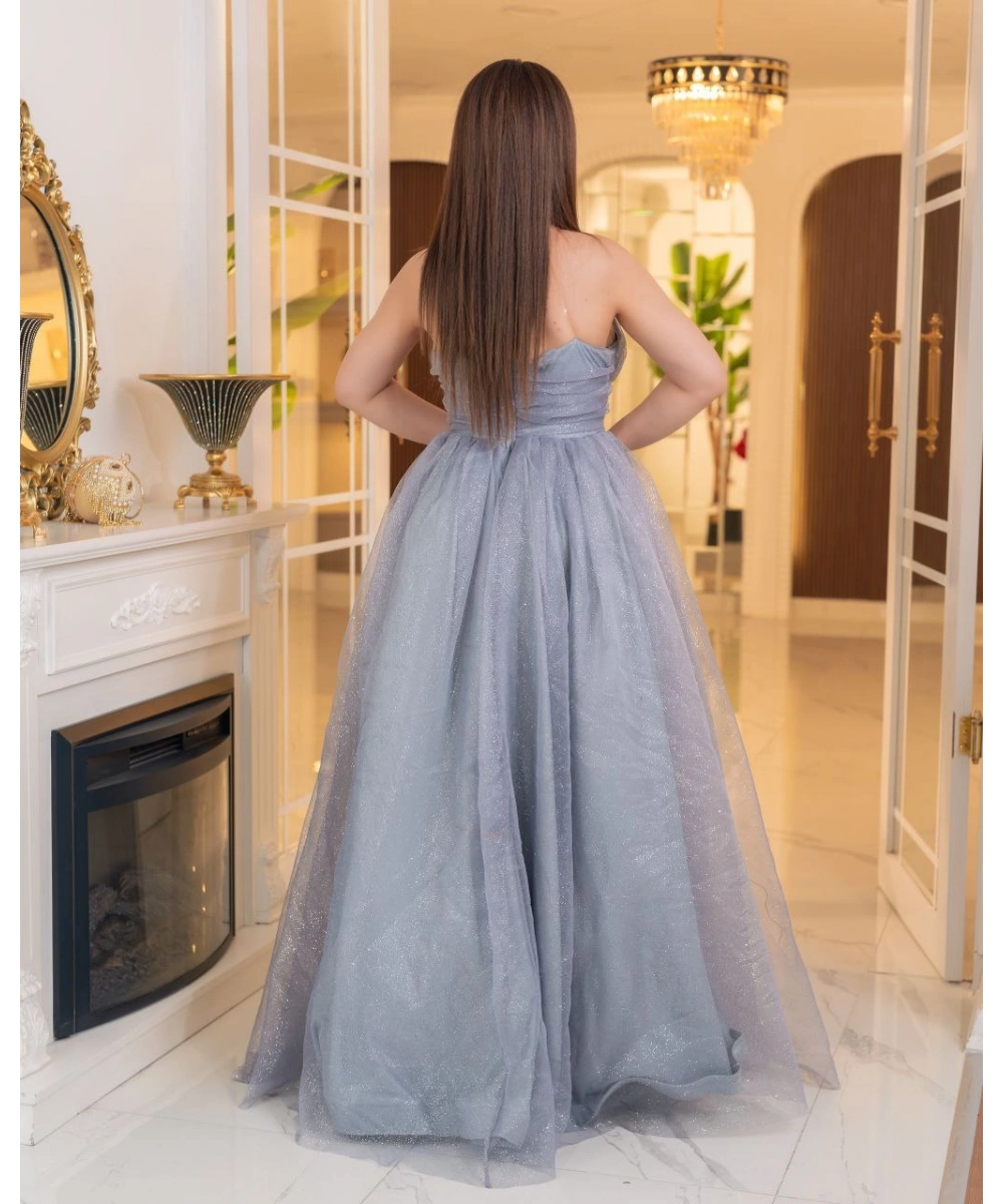 Simli Dalya V Yaka Uzun Prenses Abiye Elbise