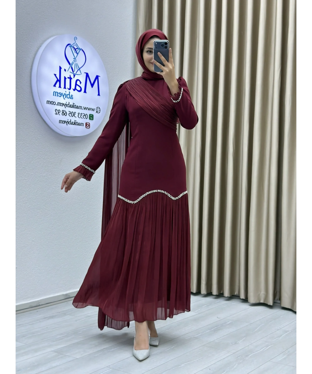 Sofia Kumaş Şifon Detaylı Abiye Elbise