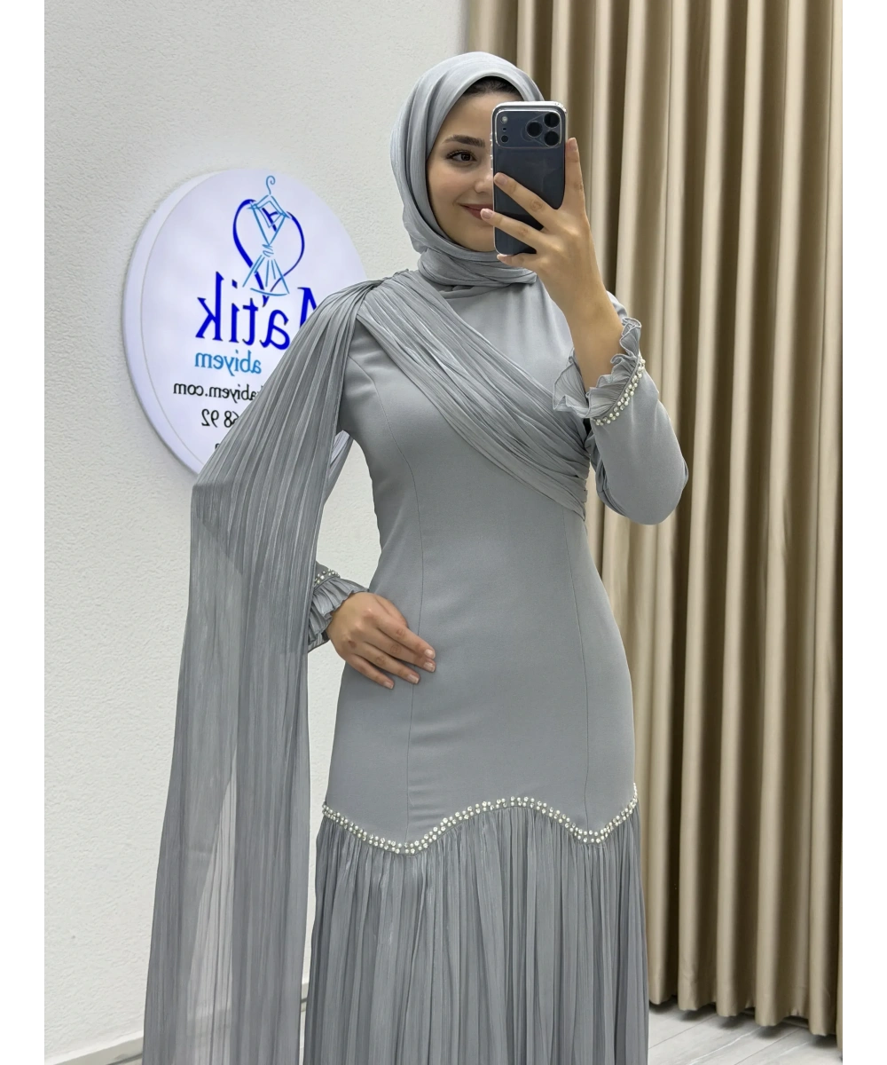 Sofia Kumaş Şifon Detaylı Abiye Elbise