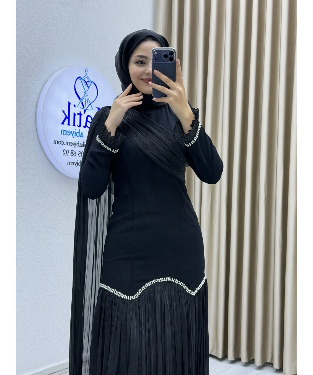 Sofia Kumaş Şifon Detaylı Abiye Elbise