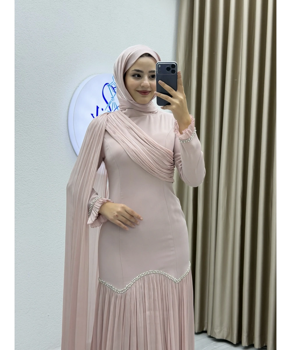 Sofia Kumaş Şifon Detaylı Abiye Elbise