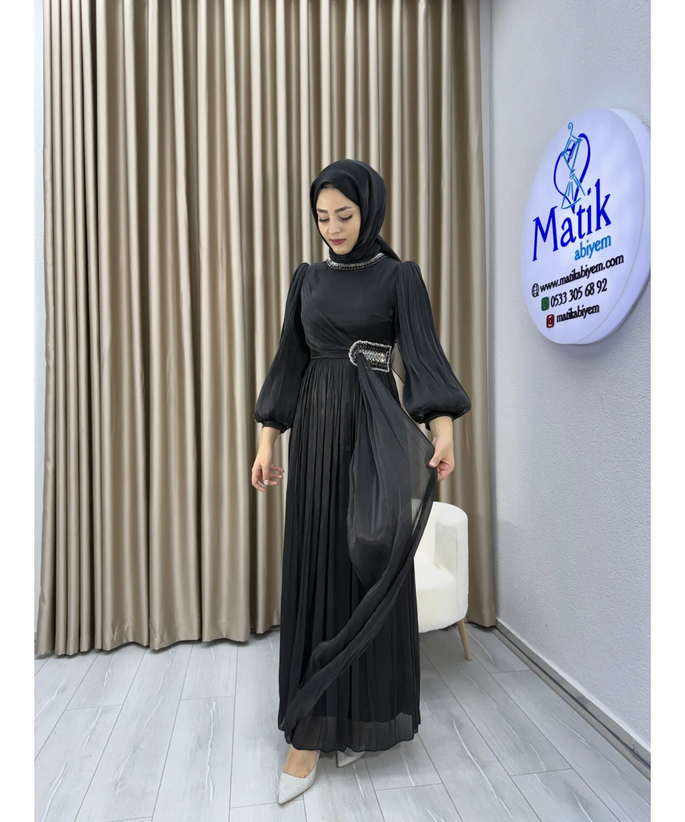 Sofia Kumaş Taş Detaylı Abiye Elbise