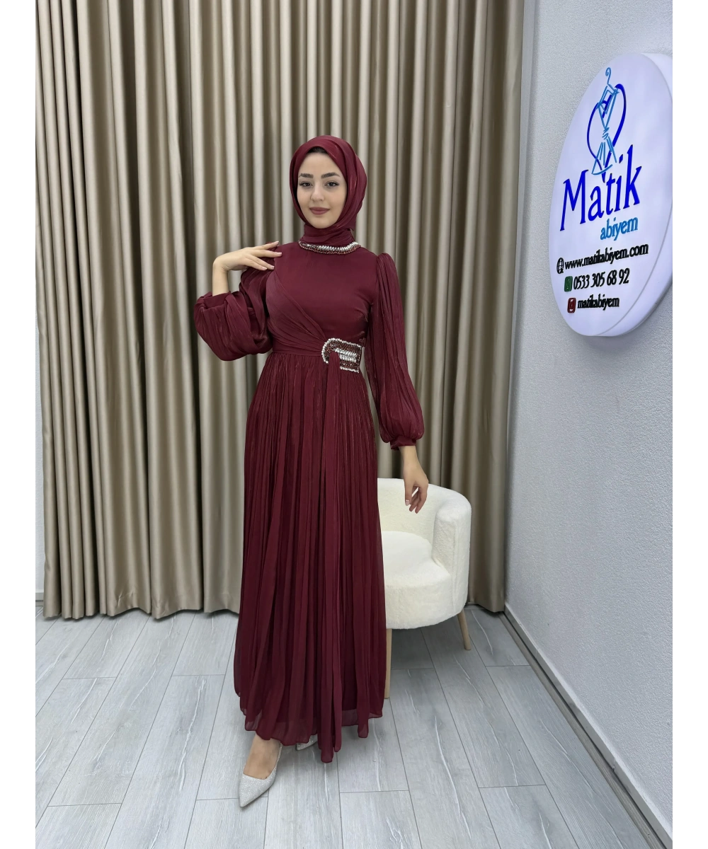 Sofia Kumaş Taş Detaylı Abiye Elbise