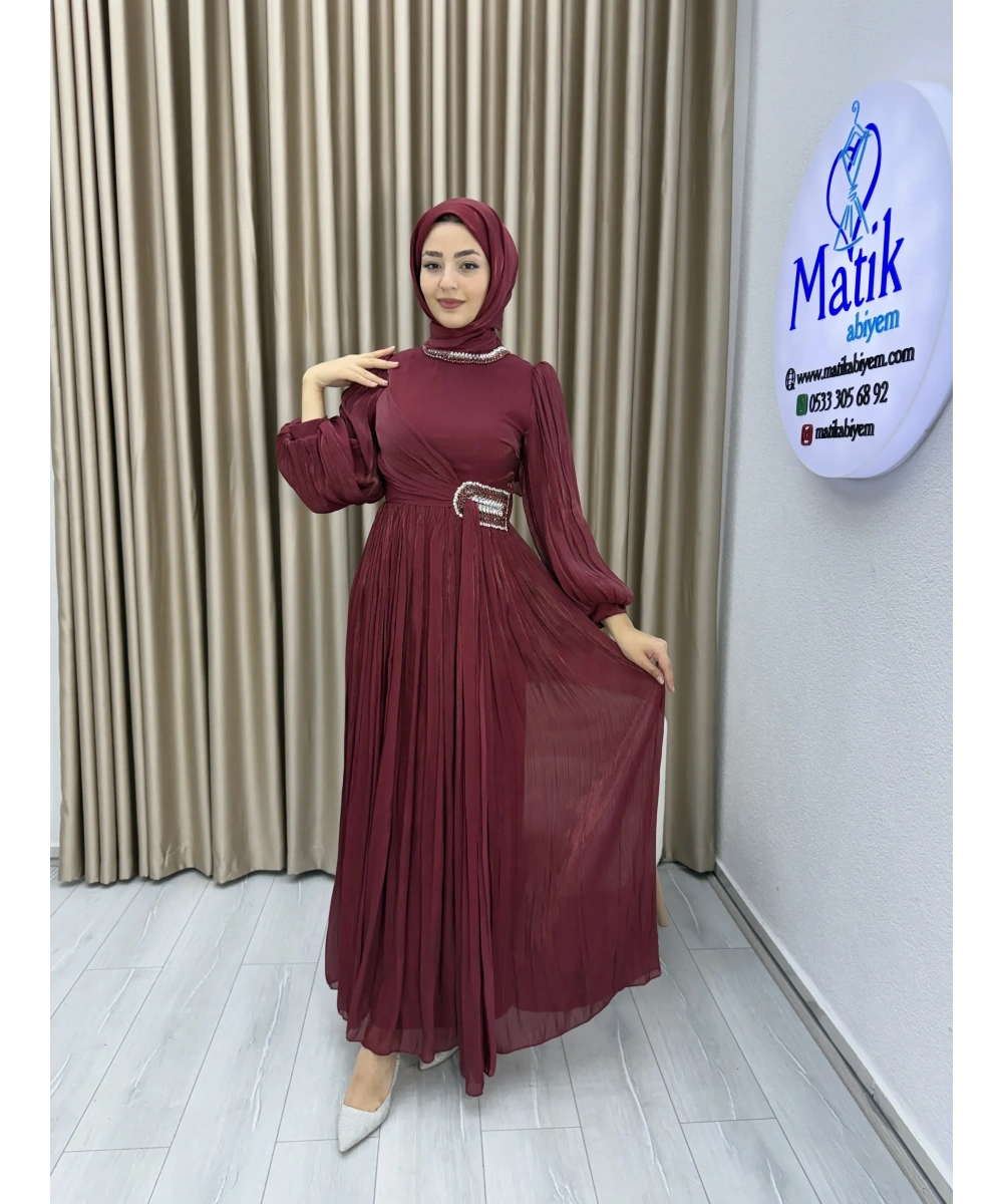 Sofia Kumaş Taş Detaylı Abiye Elbise