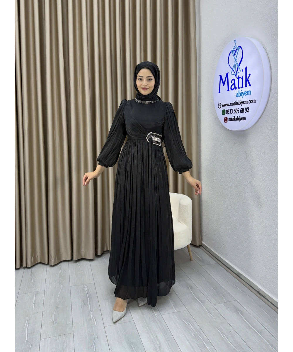 Sofia Kumaş Taş Detaylı Abiye Elbise