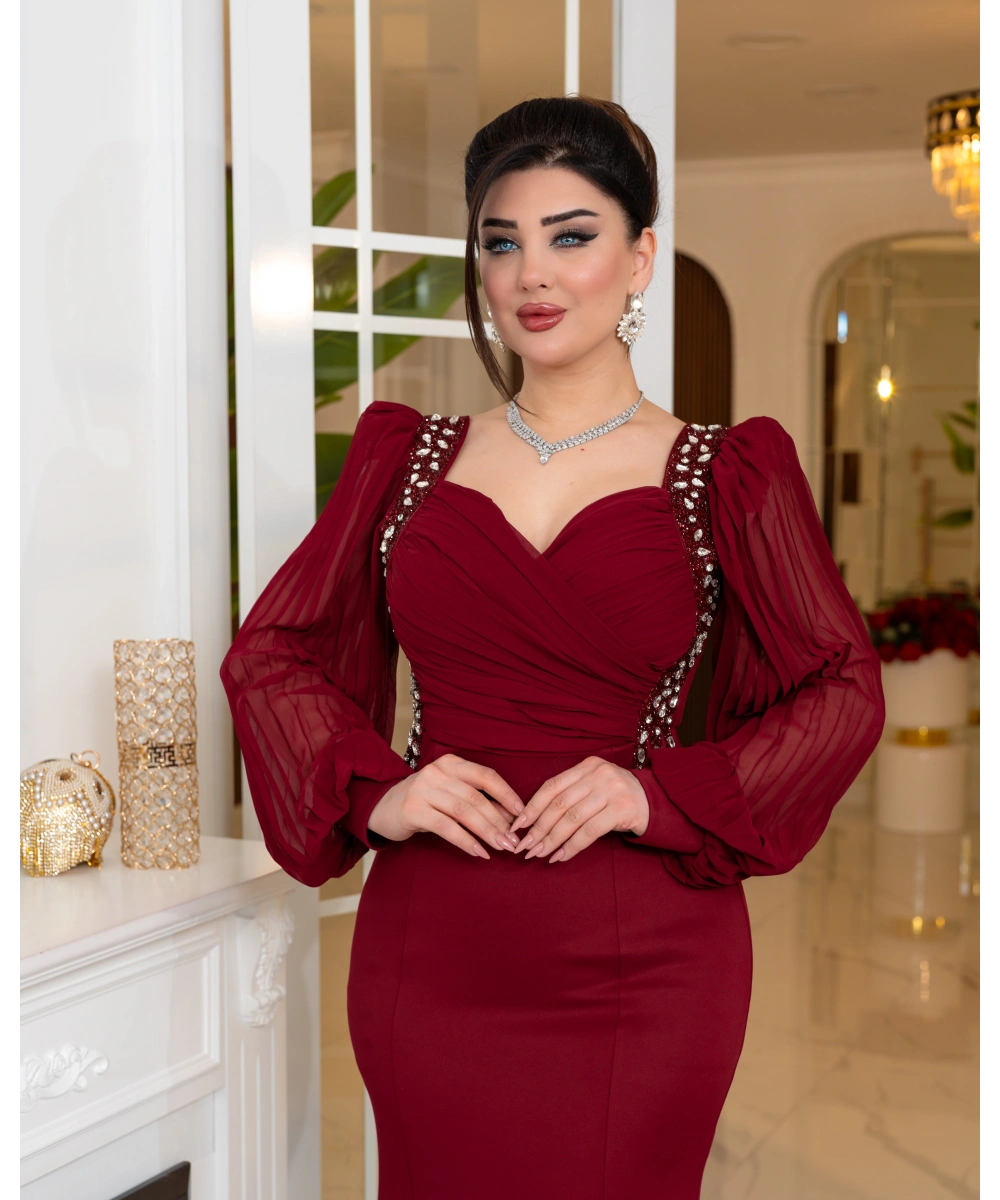 Taş Detaylı Şifon Kollu Balık Form Uzun Abiye Elbise