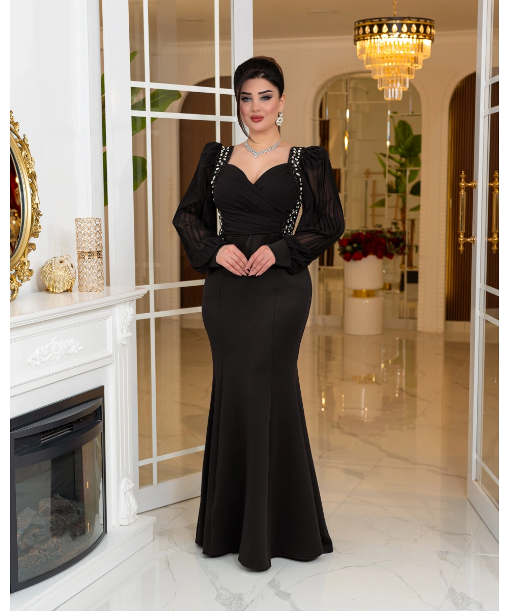 Taş Detaylı Şifon Kollu Balık Form Uzun Abiye Elbise