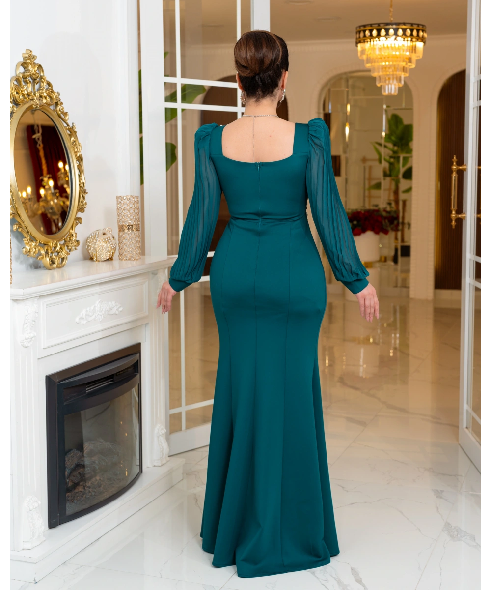 Taş Detaylı Şifon Kollu Balık Form Uzun Abiye Elbise