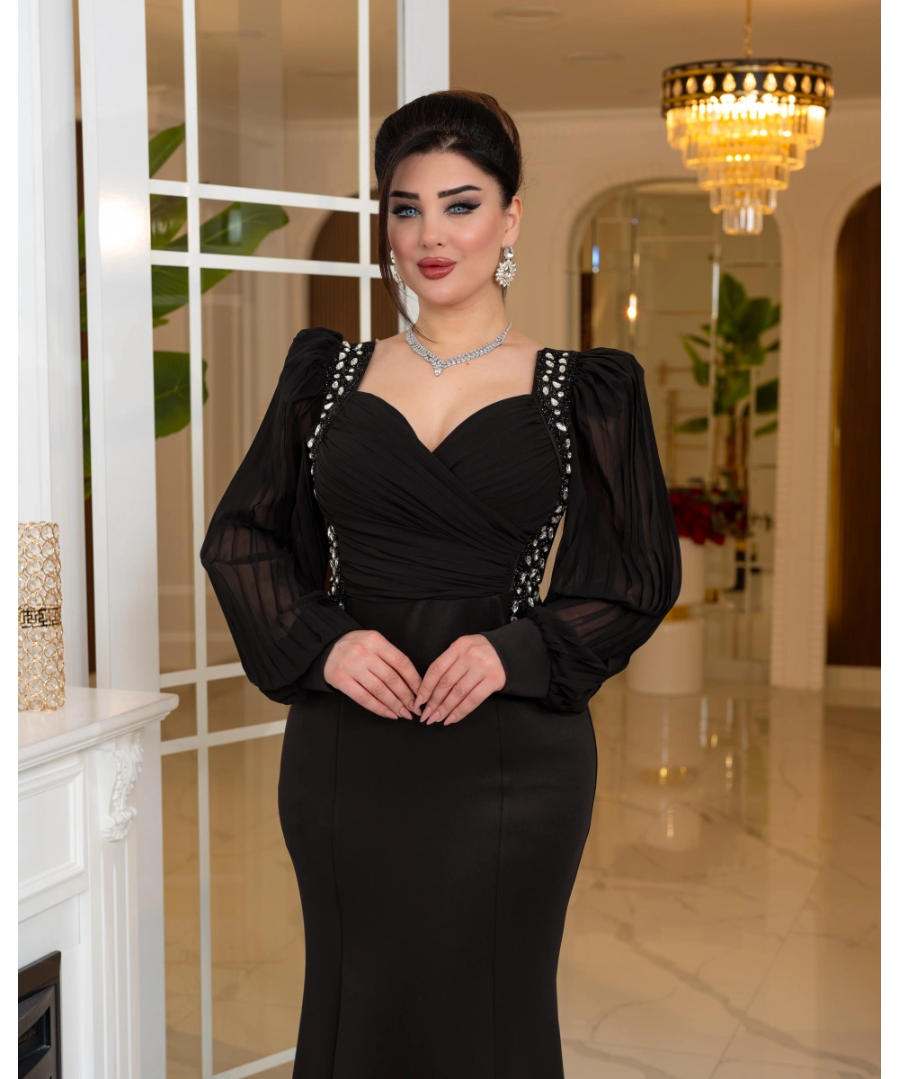 Taş Detaylı Şifon Kollu Balık Form Uzun Abiye Elbise