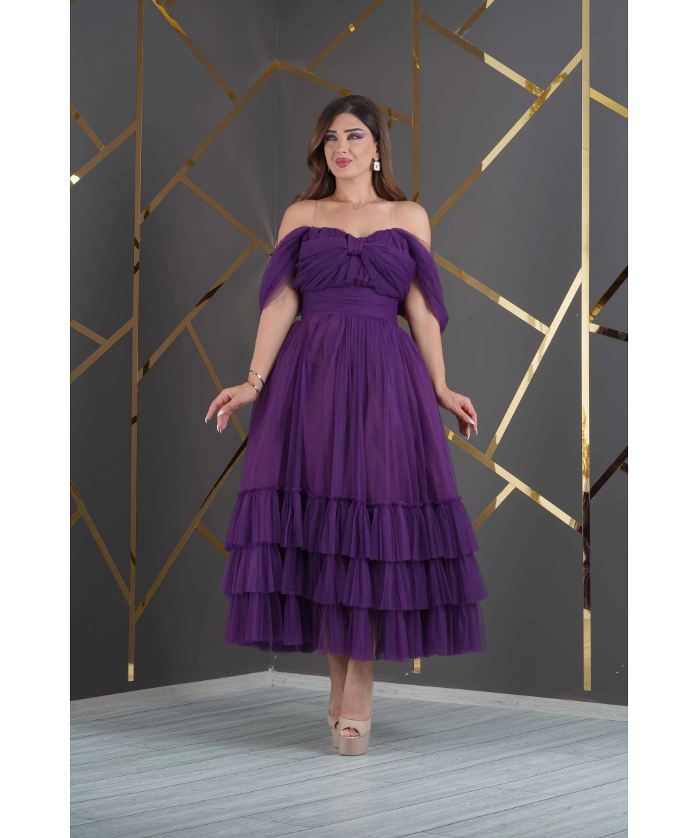 Tül Tasarım Omuz Göğüs Dekolteli Eteği Kat Kat Uzun Abiye