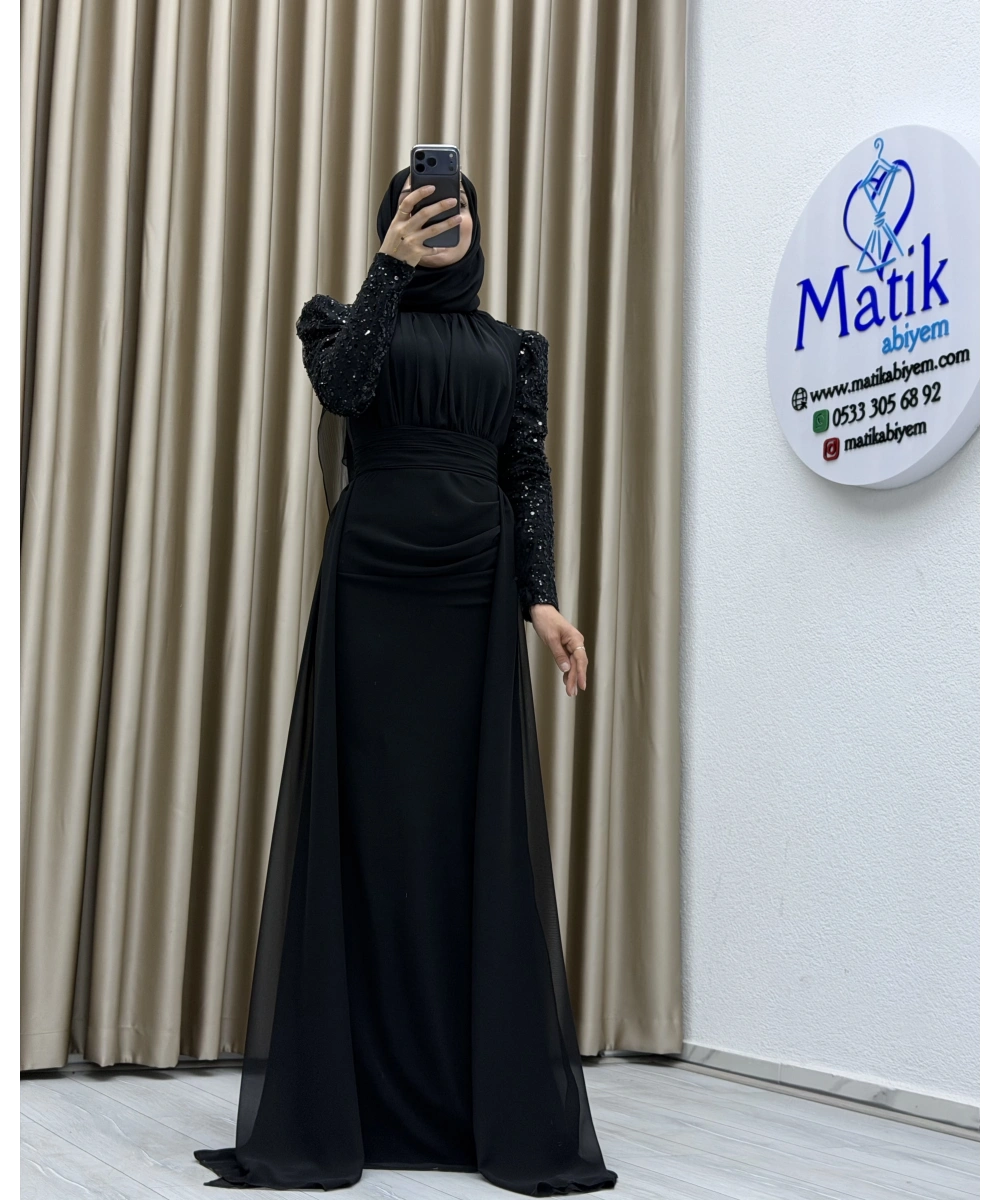 Uzun Kollu Drapeli Detaylı Şifon Abiye Elbise