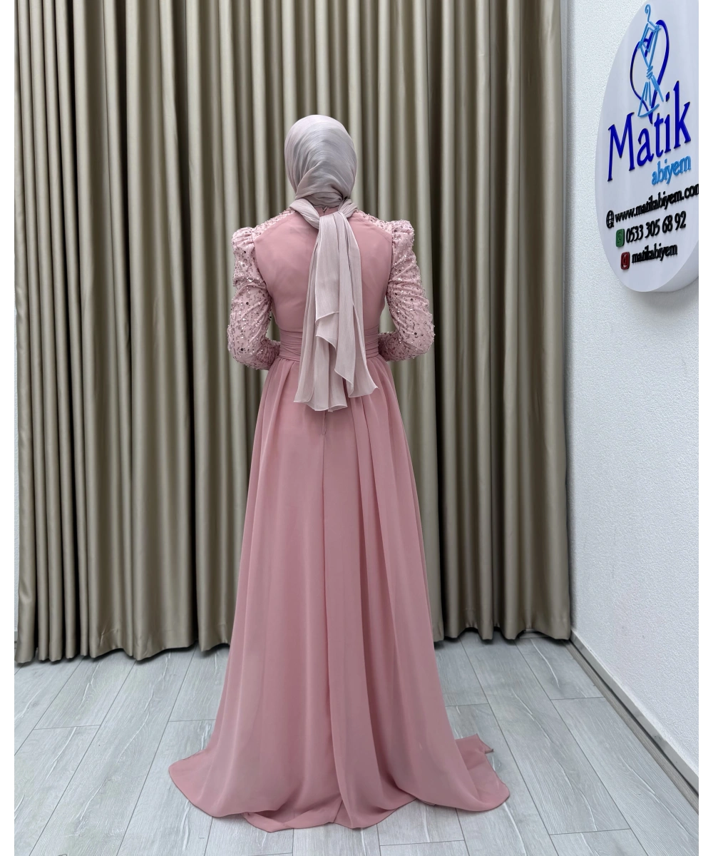 Uzun Kollu Drapeli Detaylı Şifon Abiye Elbise