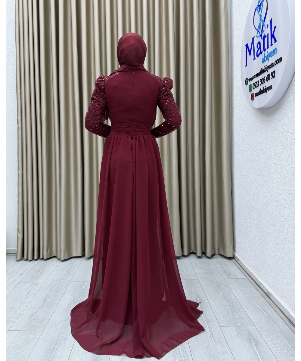 Uzun Kollu Drapeli Detaylı Şifon Abiye Elbise