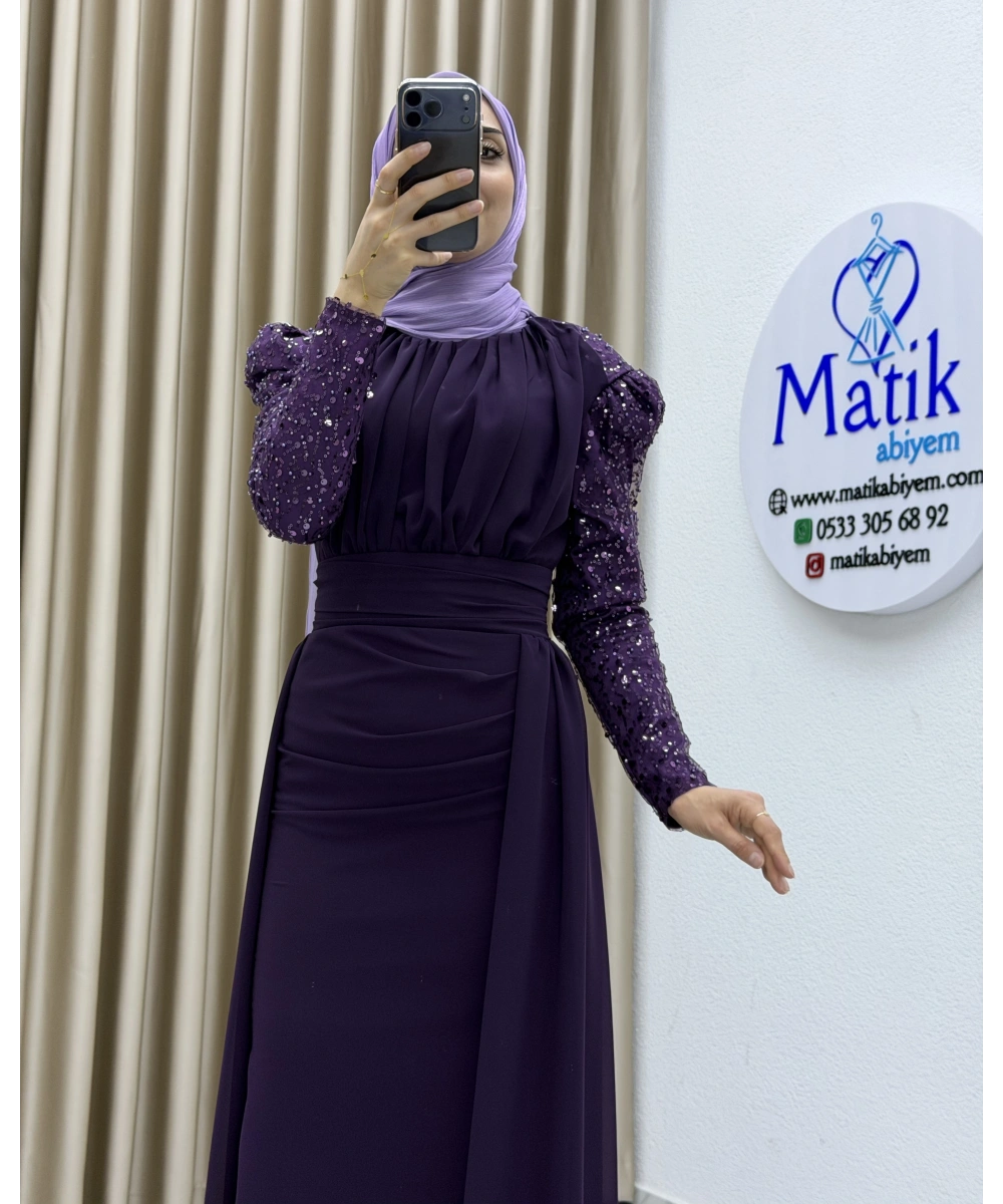 Uzun Kollu Drapeli Detaylı Şifon Abiye Elbise