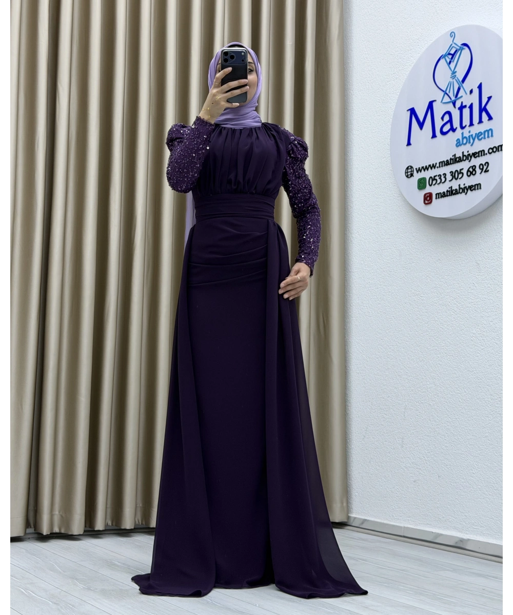 Uzun Kollu Drapeli Detaylı Şifon Abiye Elbise