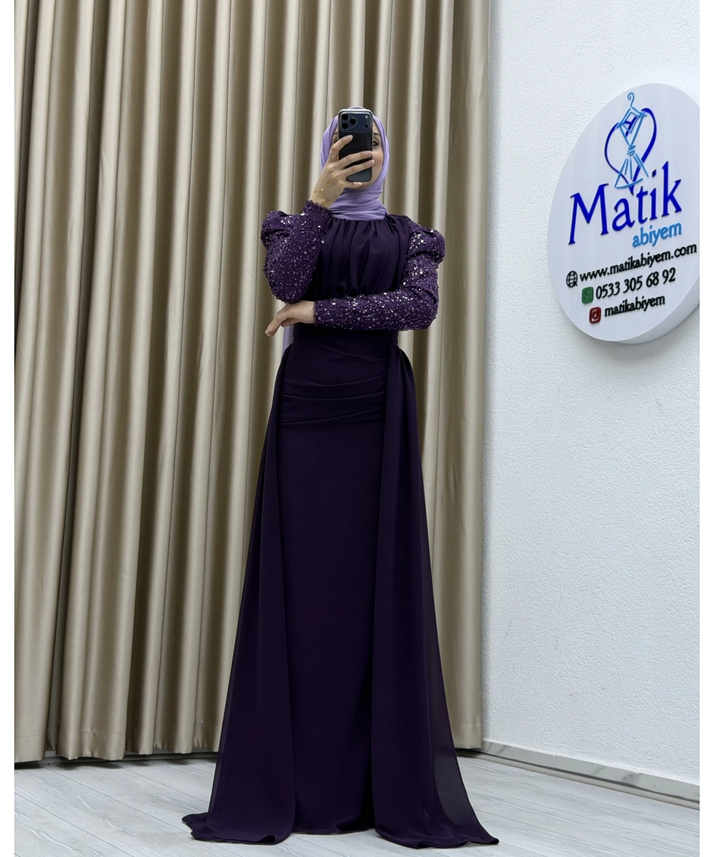 Uzun Kollu Drapeli Detaylı Şifon Abiye Elbise