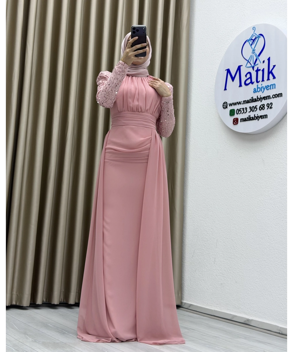Uzun Kollu Drapeli Detaylı Şifon Abiye Elbise