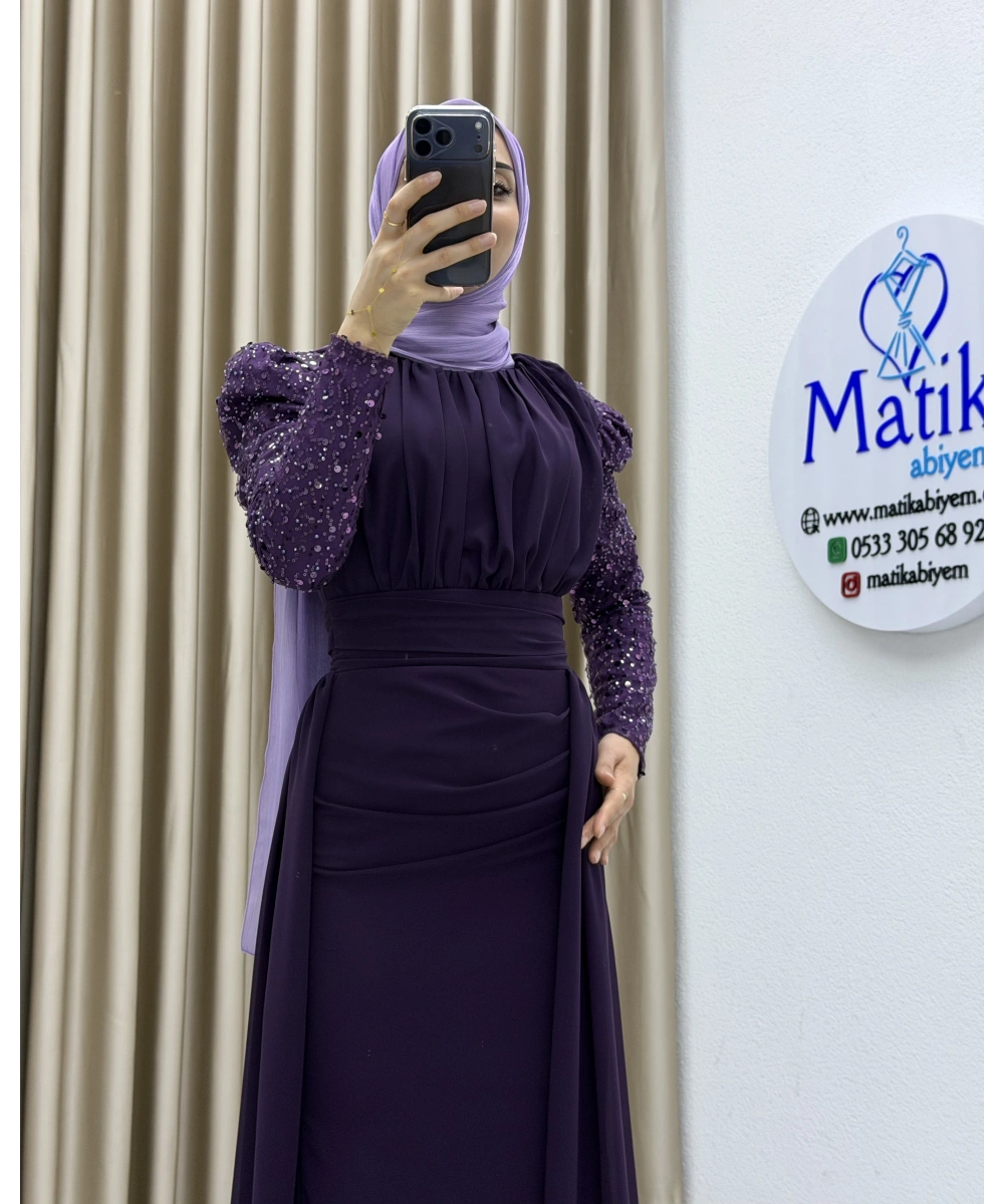 Uzun Kollu Drapeli Detaylı Şifon Abiye Elbise