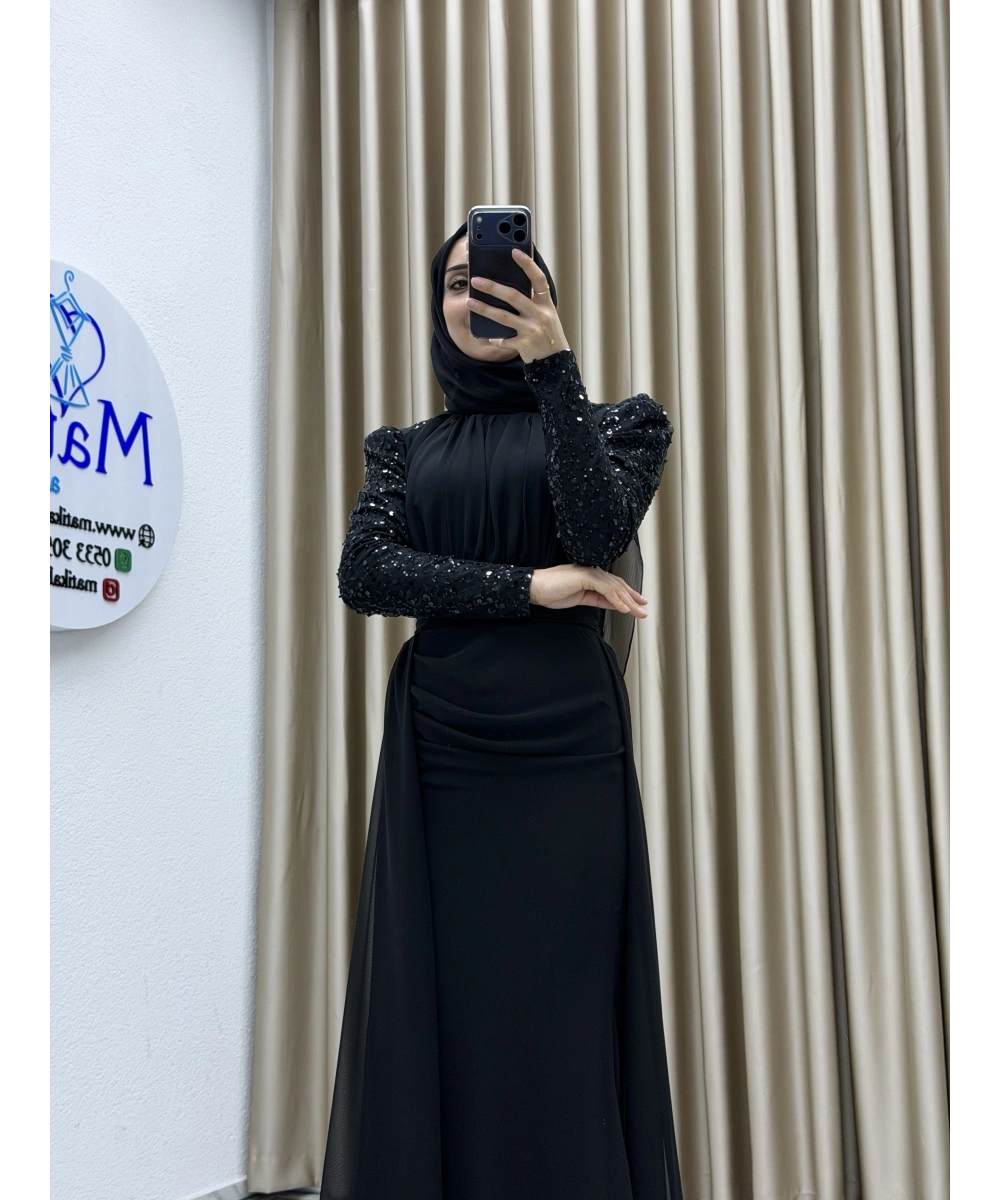 Uzun Kollu Drapeli Detaylı Şifon Abiye Elbise