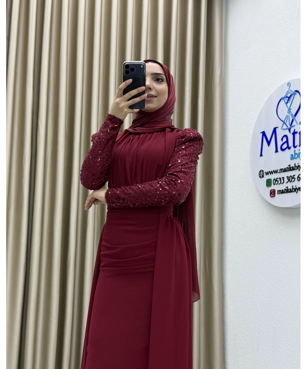 Uzun Kollu Drapeli Detaylı Şifon Abiye Elbise