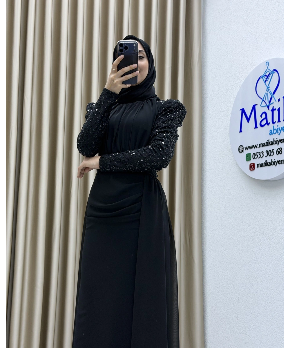 Uzun Kollu Drapeli Detaylı Şifon Abiye Elbise