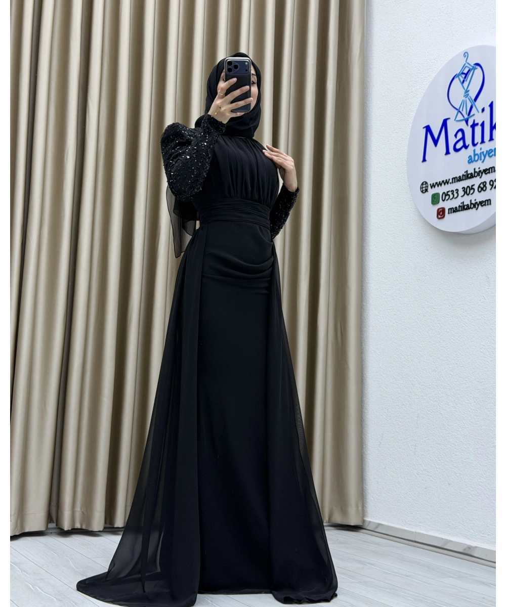 Uzun Kollu Drapeli Detaylı Şifon Abiye Elbise