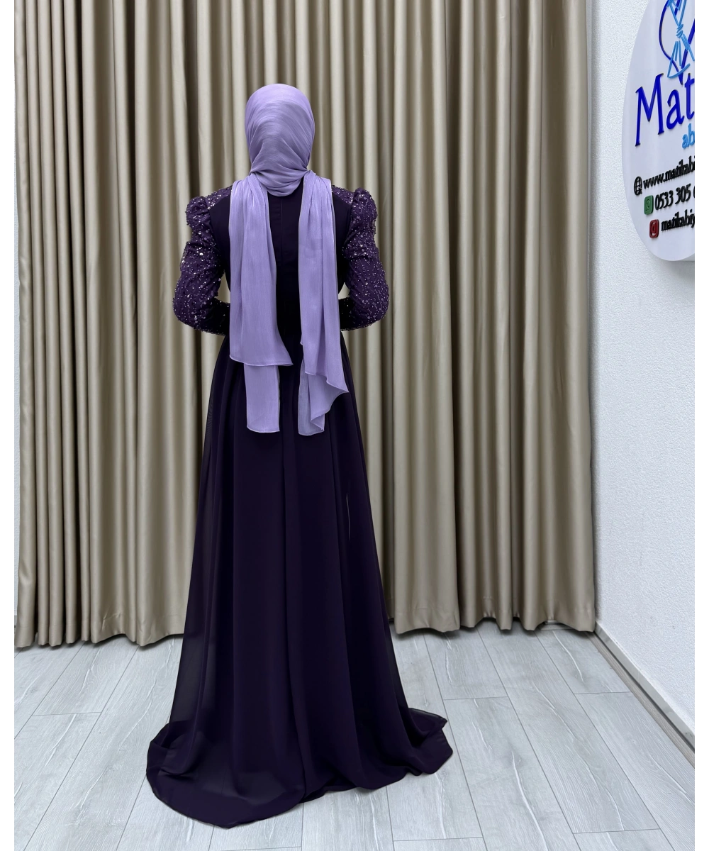 Uzun Kollu Drapeli Detaylı Şifon Abiye Elbise