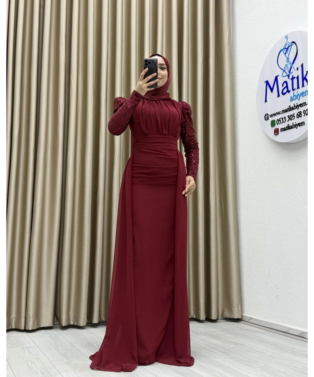 Uzun Kollu Drapeli Detaylı Şifon Abiye Elbise