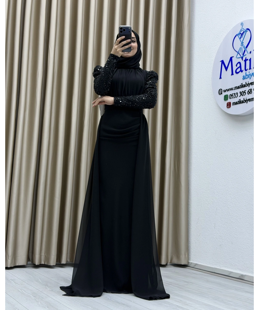 Uzun Kollu Drapeli Detaylı Şifon Abiye Elbise