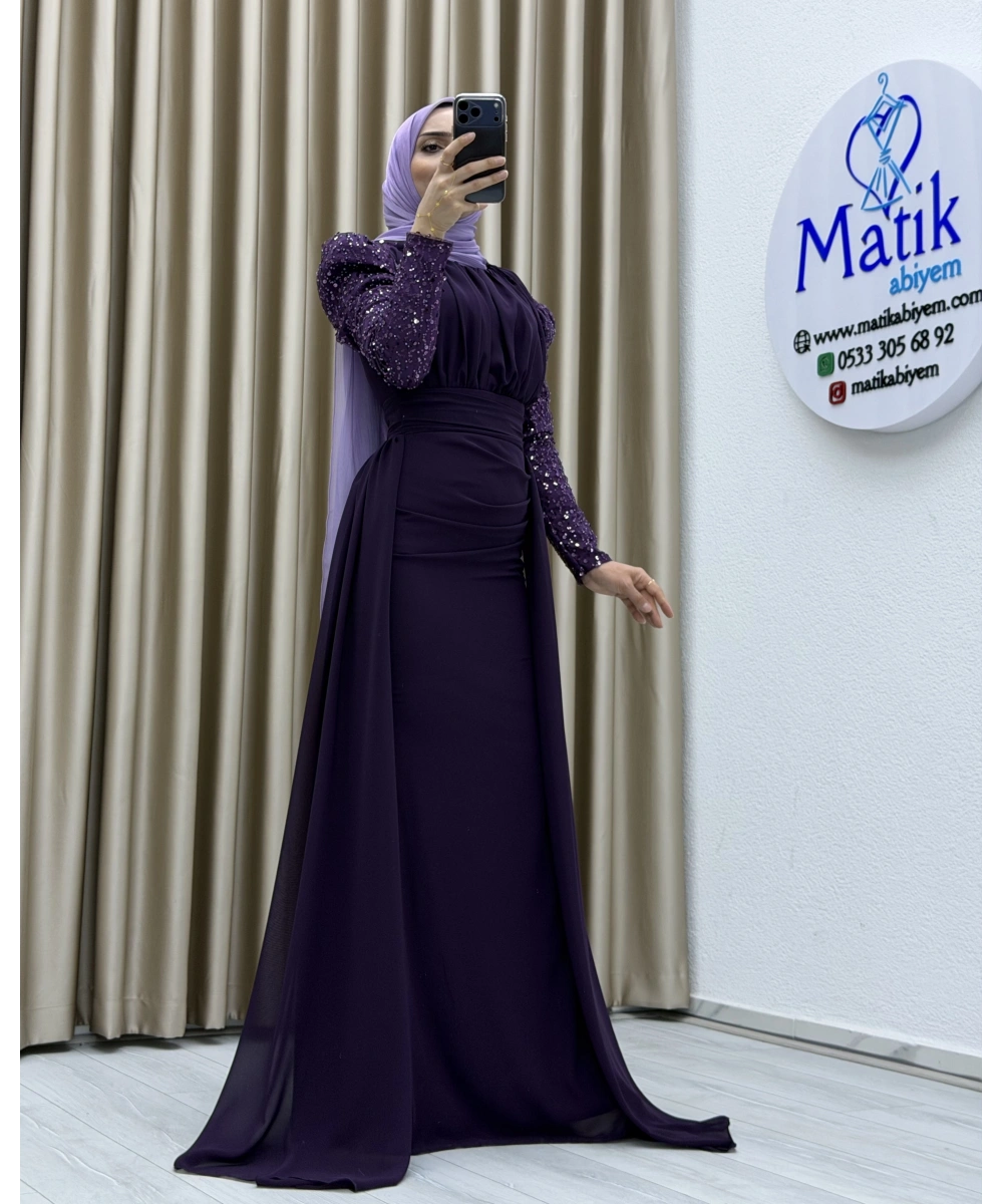 Uzun Kollu Drapeli Detaylı Şifon Abiye Elbise