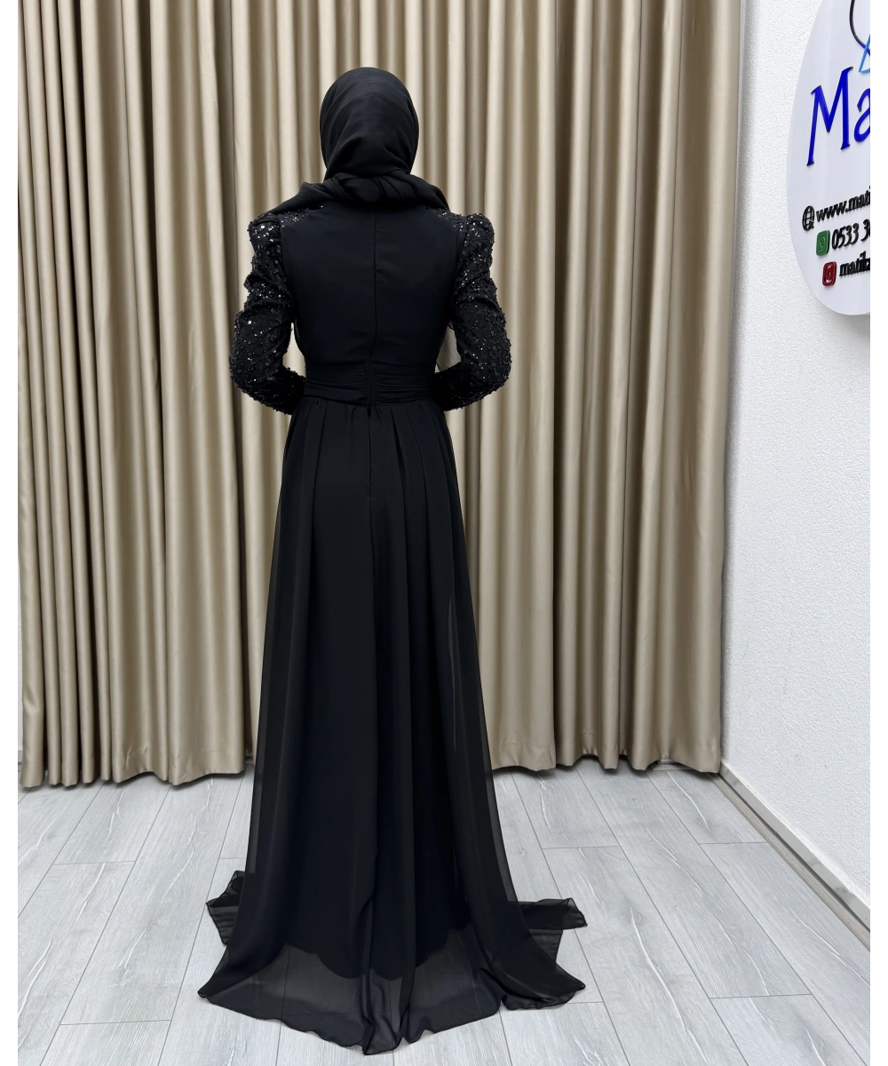 Uzun Kollu Drapeli Detaylı Şifon Abiye Elbise