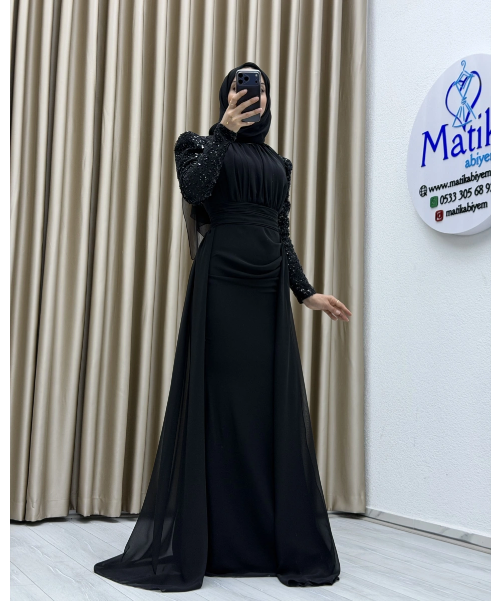 Uzun Kollu Drapeli Detaylı Şifon Abiye Elbise