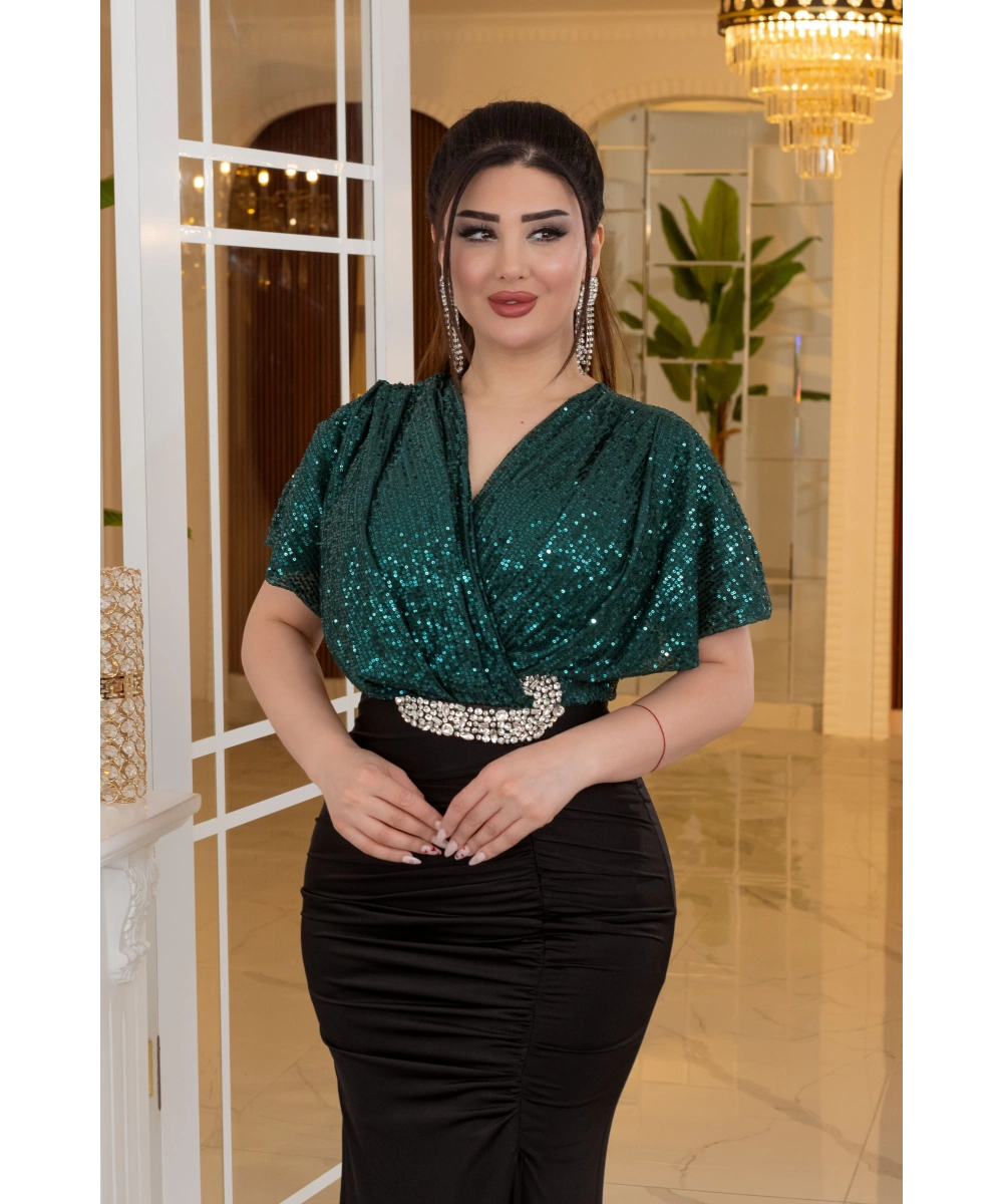 ZaraPayet Kristal Buzi Tasarım Taş Aksesuarlı Dekolteli Elbise Abiye