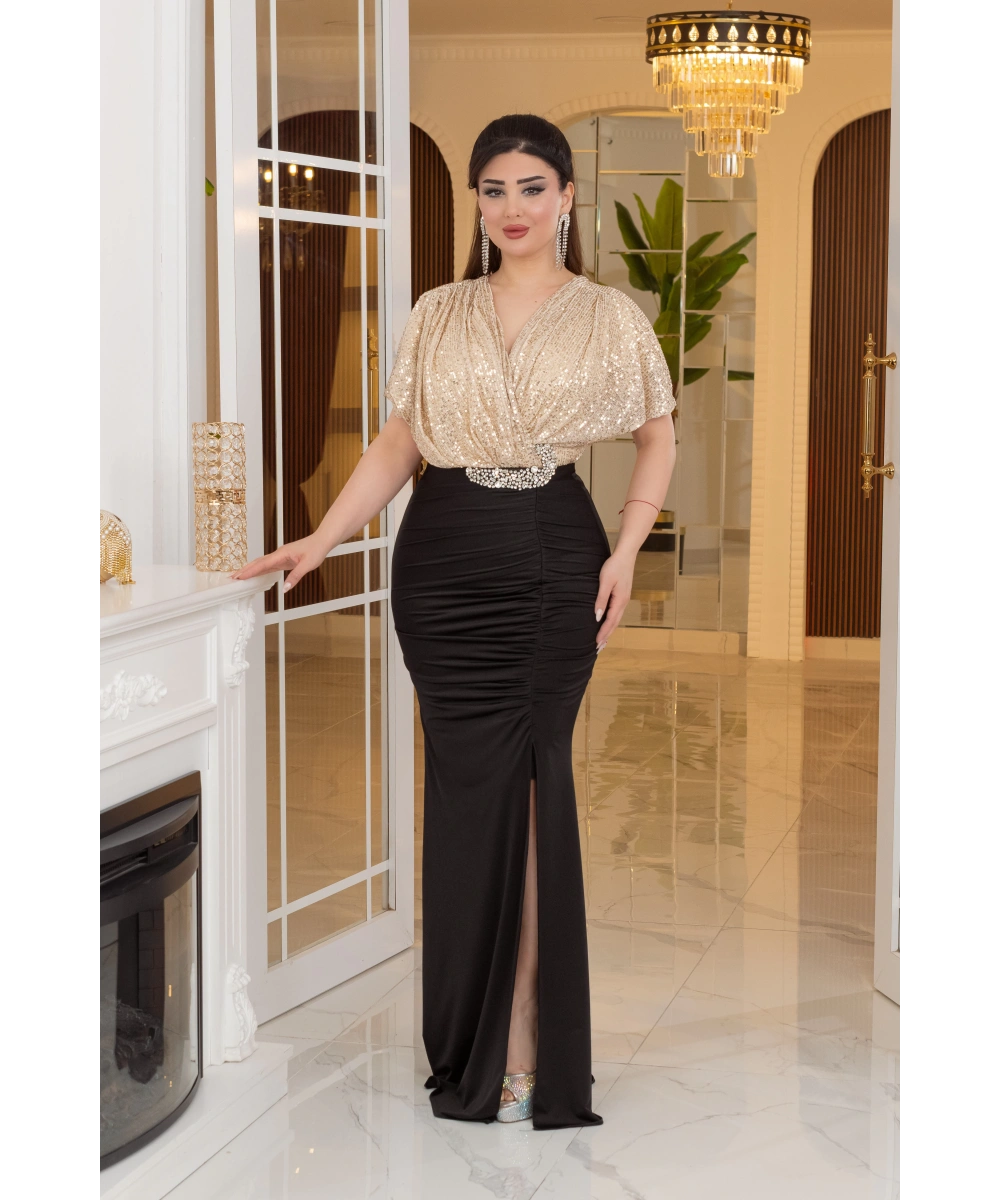 ZaraPayet Kristal Buzi Tasarım Taş Aksesuarlı Dekolteli Elbise Abiye