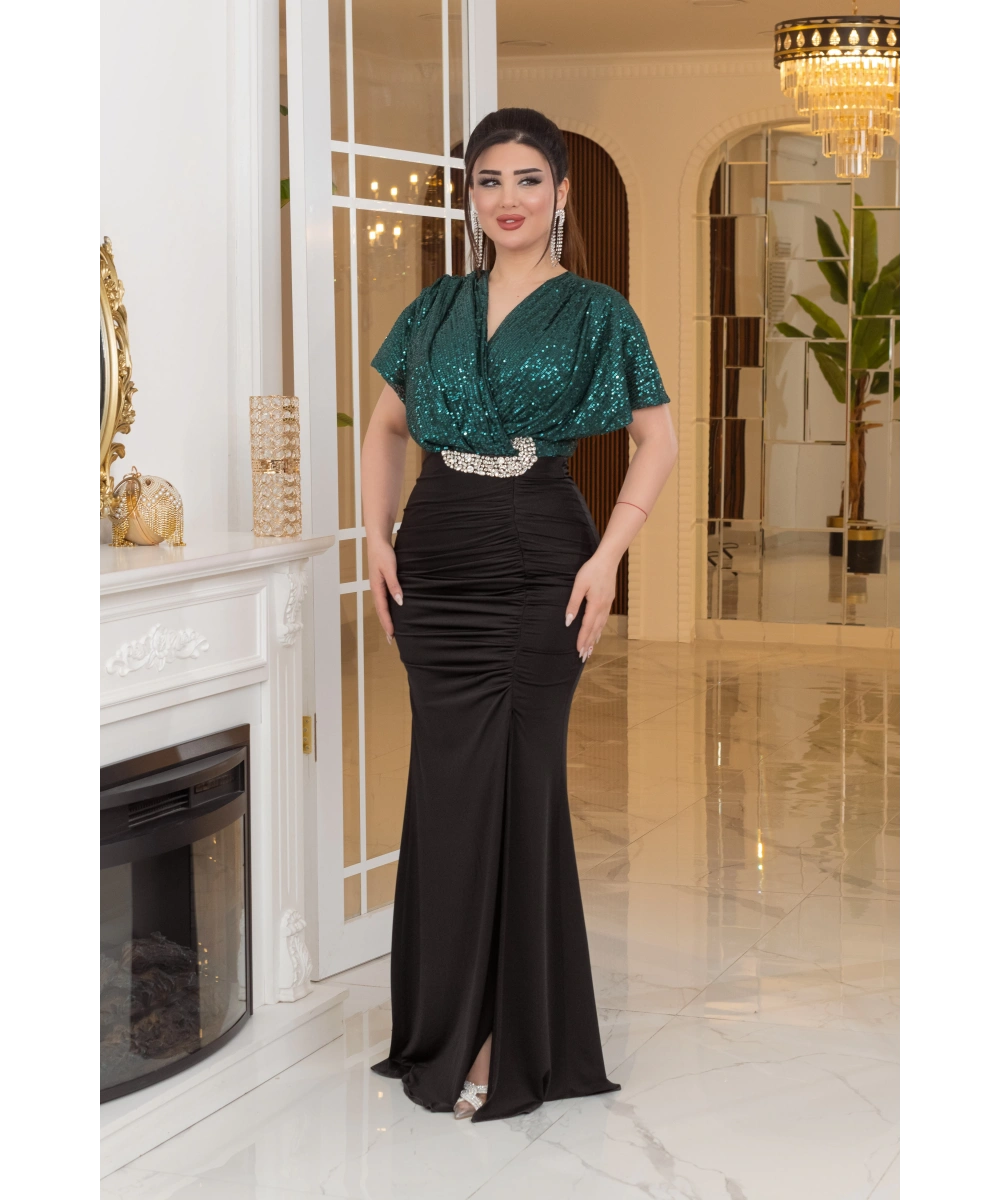 ZaraPayet Kristal Buzi Tasarım Taş Aksesuarlı Dekolteli Elbise Abiye