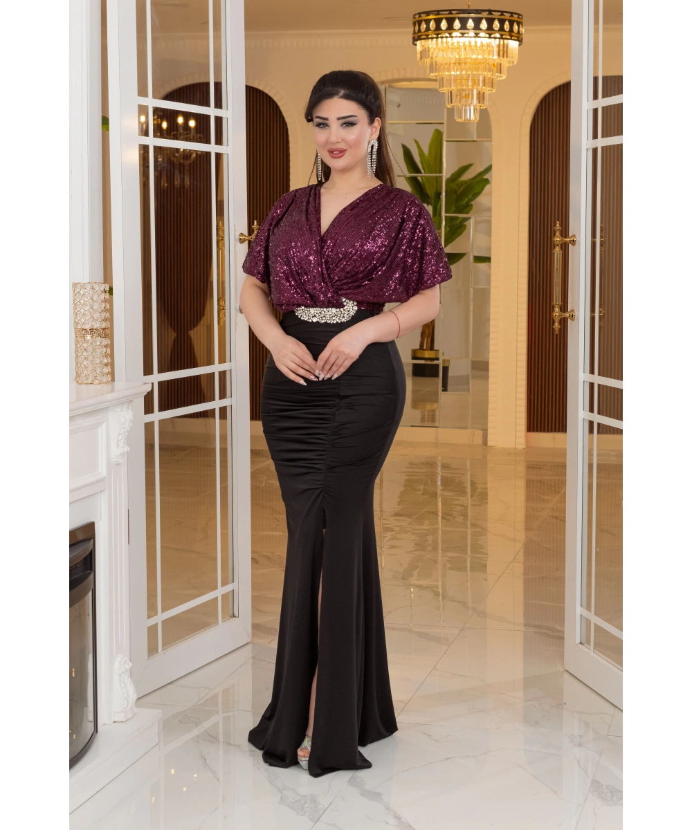 ZaraPayet Kristal Buzi Tasarım Taş Aksesuarlı Dekolteli Elbise Abiye