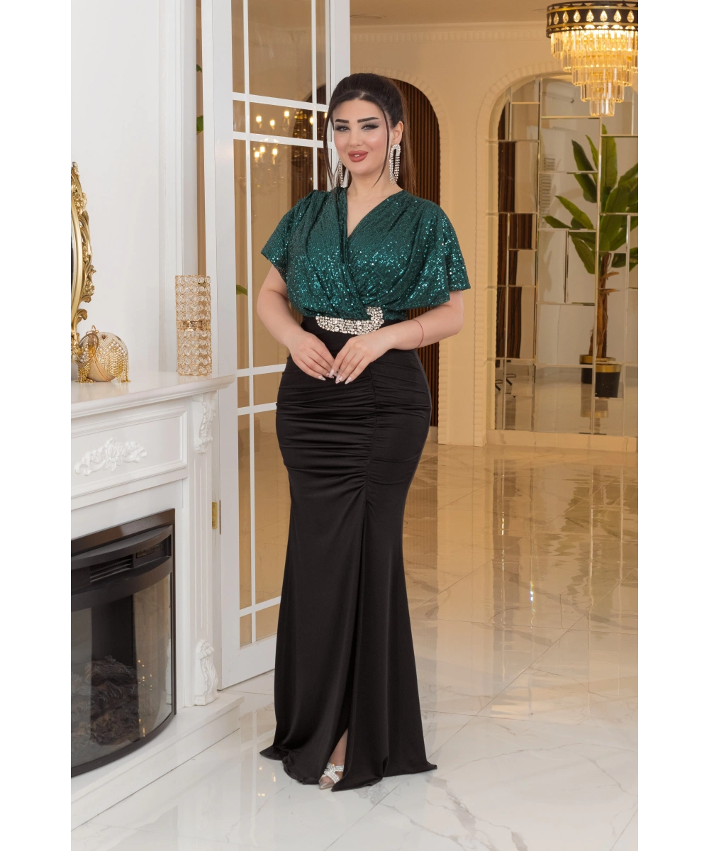 ZaraPayet Kristal Buzi Tasarım Taş Aksesuarlı Dekolteli Elbise Abiye