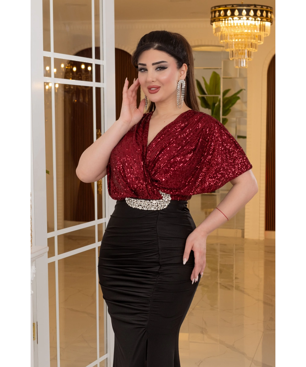 ZaraPayet Kristal Buzi Tasarım Taş Aksesuarlı Dekolteli Elbise Abiye