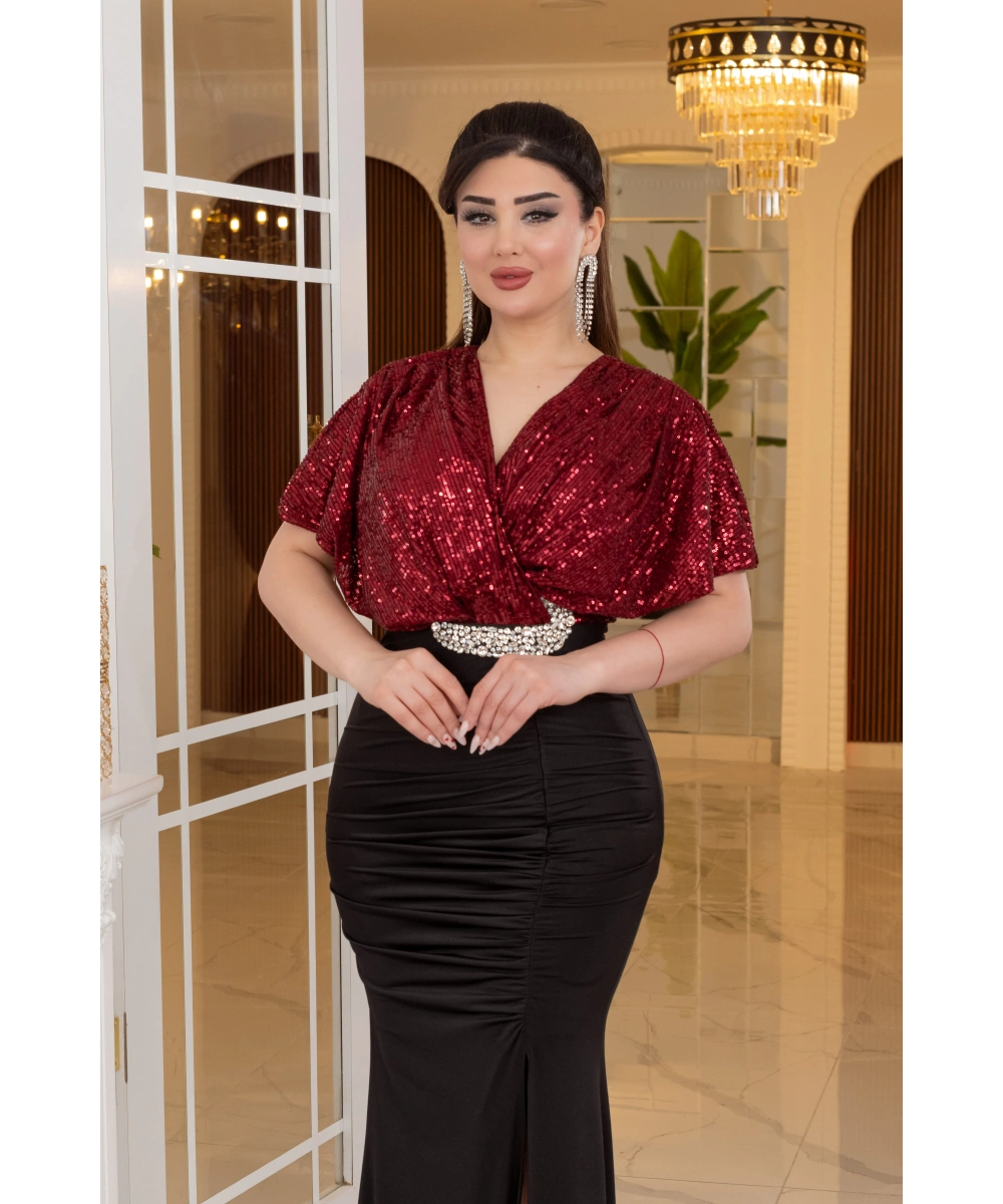 ZaraPayet Kristal Buzi Tasarım Taş Aksesuarlı Dekolteli Elbise Abiye