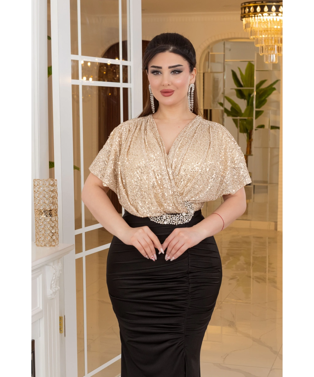 ZaraPayet Kristal Buzi Tasarım Taş Aksesuarlı Dekolteli Elbise Abiye