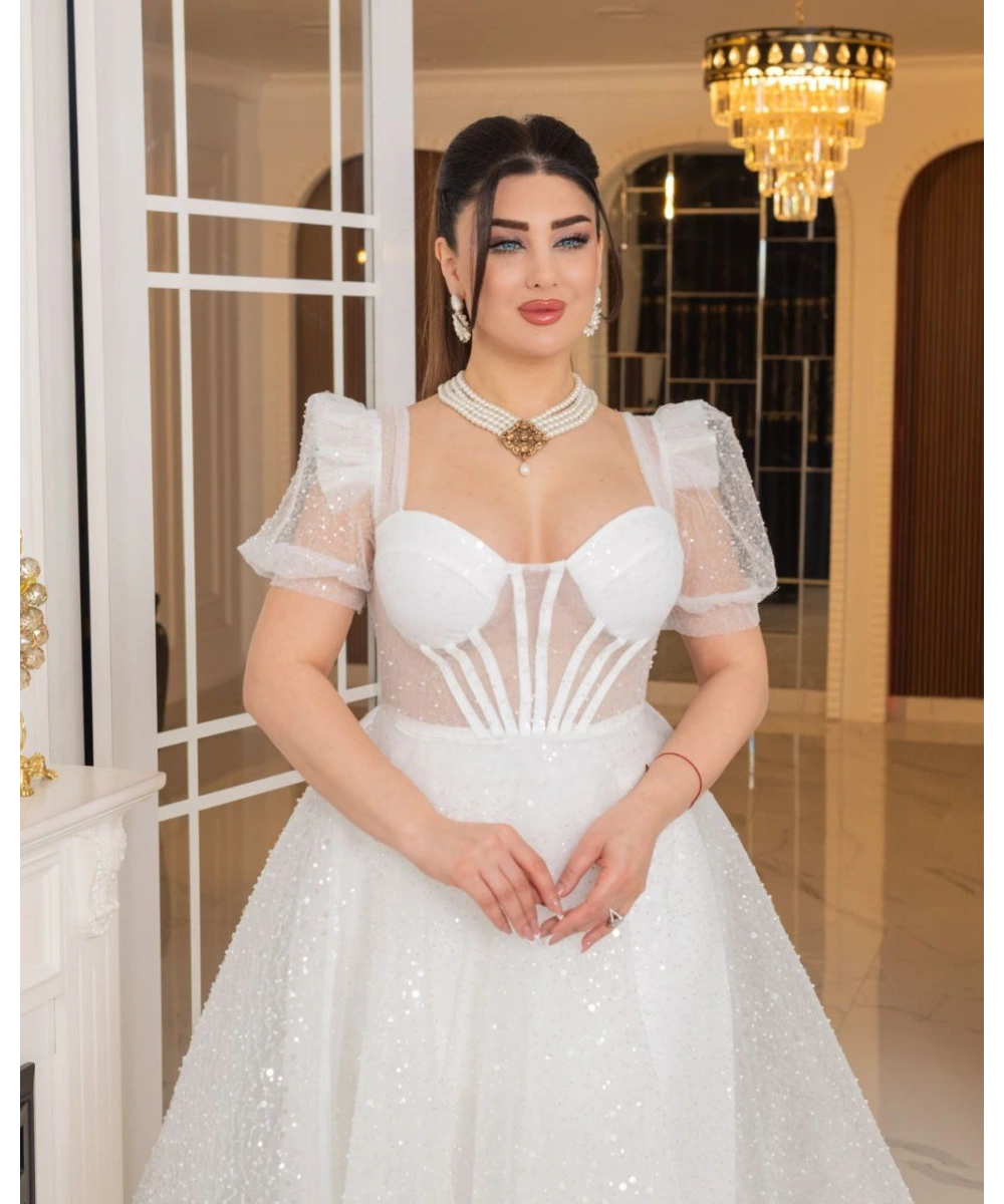 Zarif Işıltılı Tül Etekli, Korse Detaylı, Balon Kol Özel Tasarım Midi Gelinlik / Abiye Elbise