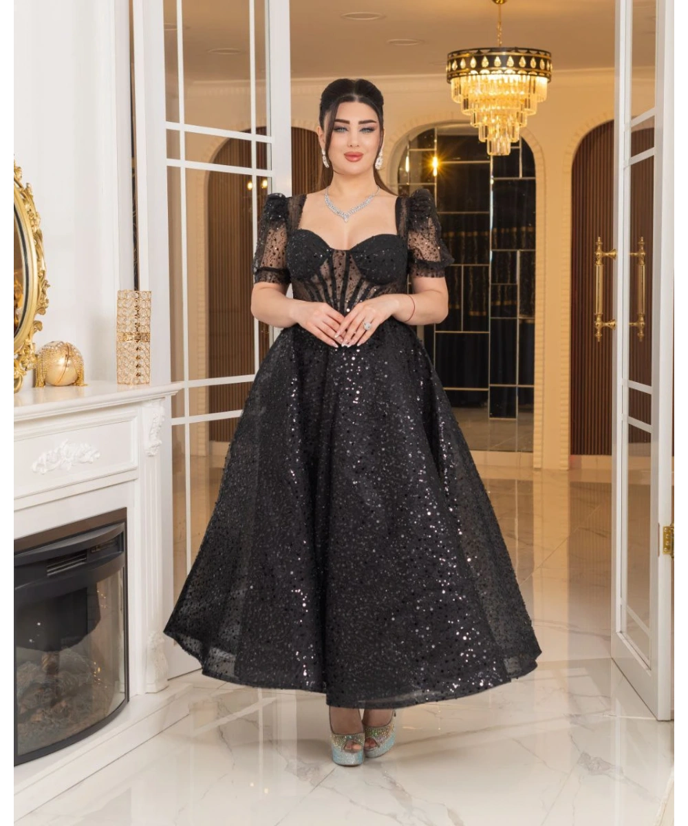 Zarif Işıltılı Tül Etekli, Korse Detaylı, Balon Kol Özel Tasarım Midi Gelinlik / Abiye Elbise