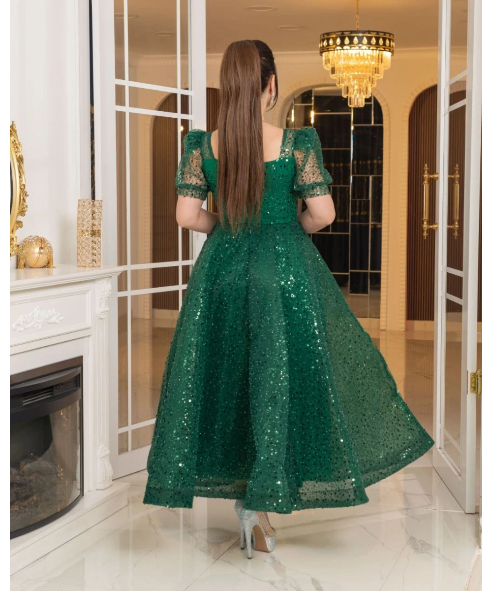 Zarif Işıltılı Tül Etekli, Korse Detaylı, Balon Kol Özel Tasarım Midi Gelinlik / Abiye Elbise