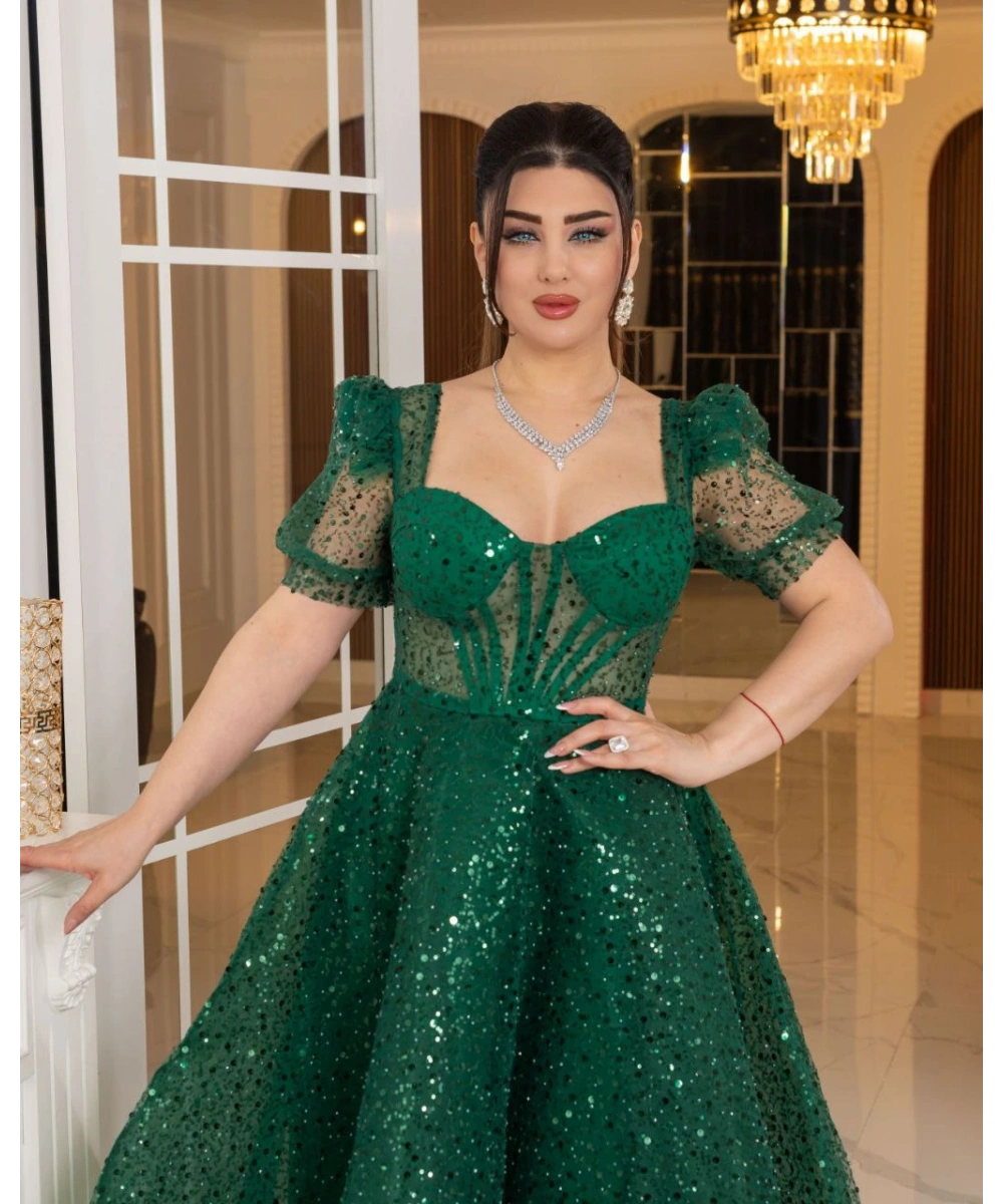 Zarif Işıltılı Tül Etekli, Korse Detaylı, Balon Kol Özel Tasarım Midi Gelinlik / Abiye Elbise