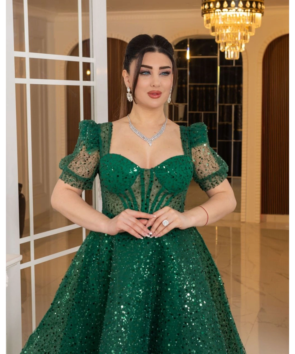 Zarif Işıltılı Tül Etekli, Korse Detaylı, Balon Kol Özel Tasarım Midi Gelinlik / Abiye Elbise